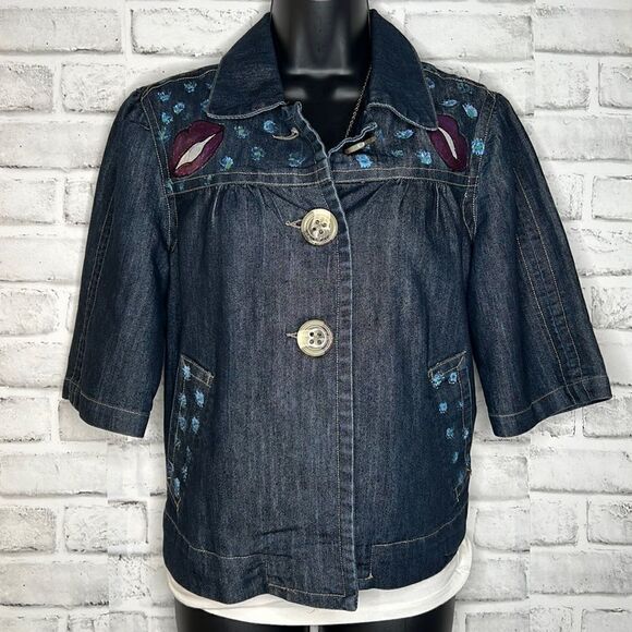 Baccini UpCycled Hand Painted Button Down 3/4 Sleeve Jean Jacket Size Medium - Picture 3 of 9
